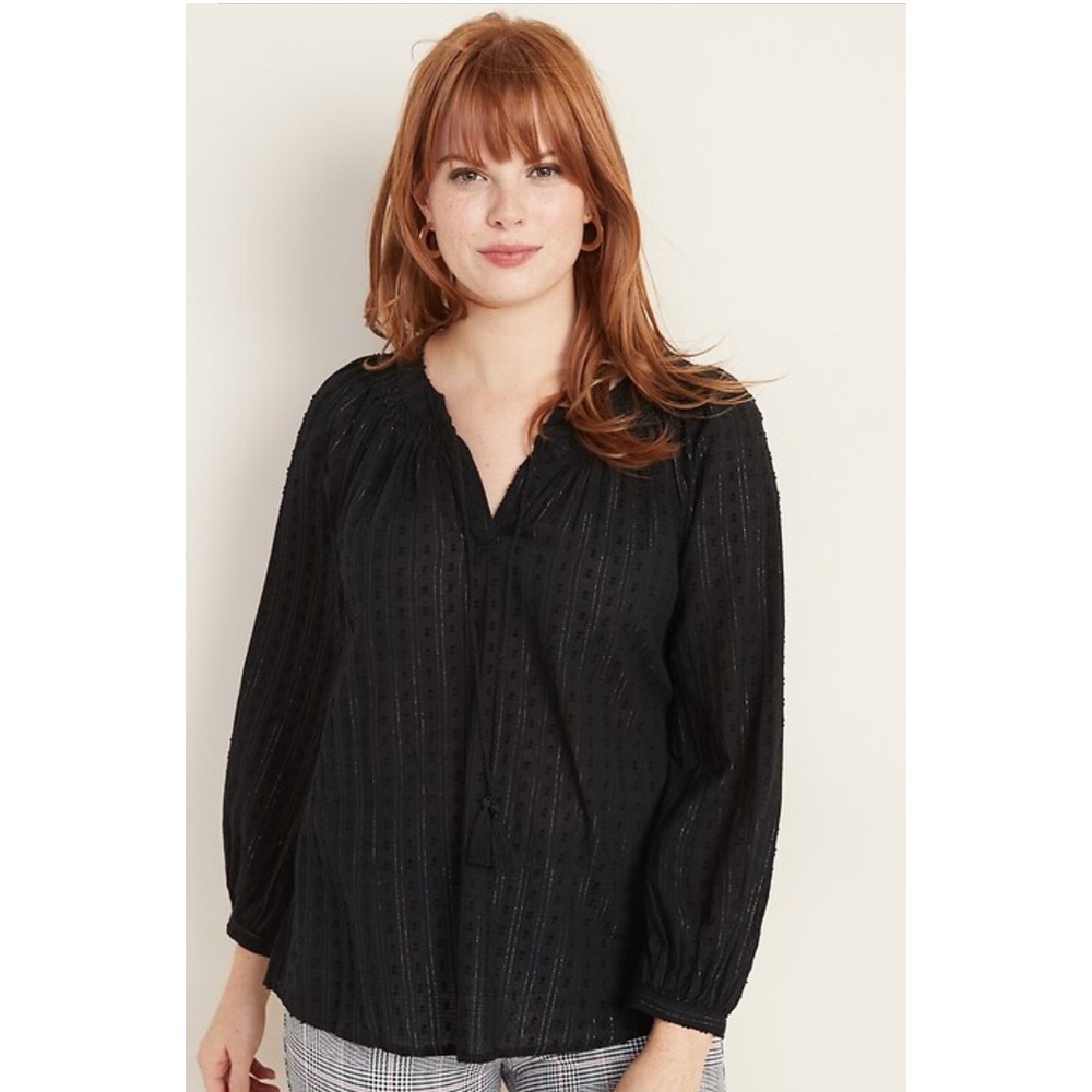 Old Navy Black Bohemian Tie-Neck Boho Blouse Womens L Silver Thread Button‎ Cuff